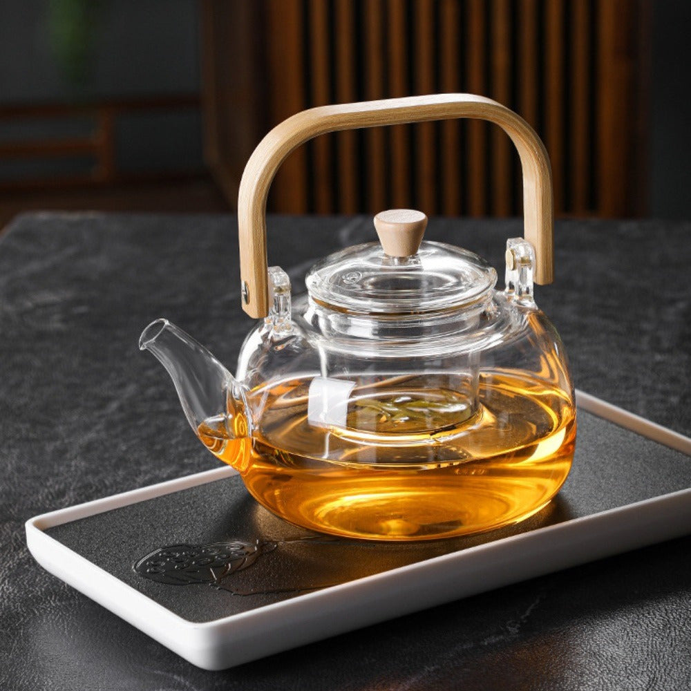 1pc Large Capacity Glass Teapot with Wooden Handle