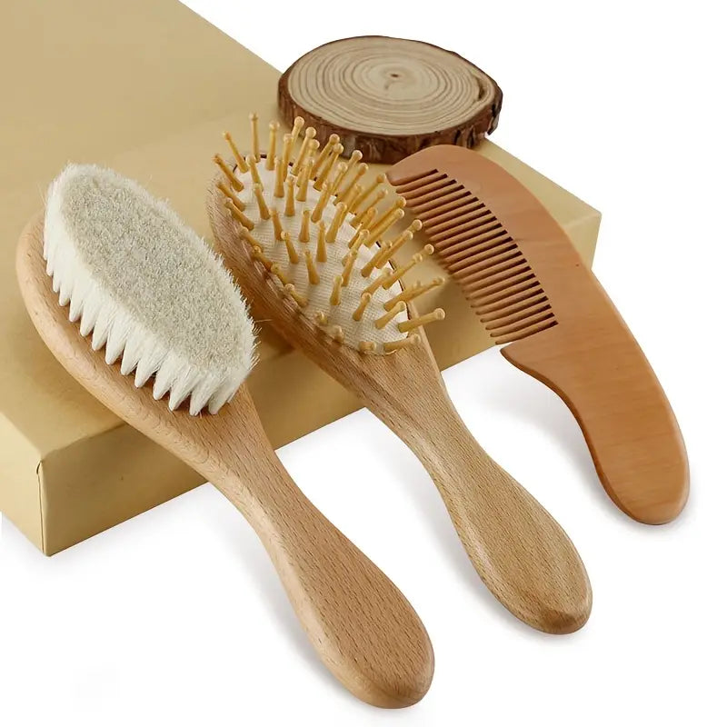 Kids Hair Brush & Wooden Comb Trio